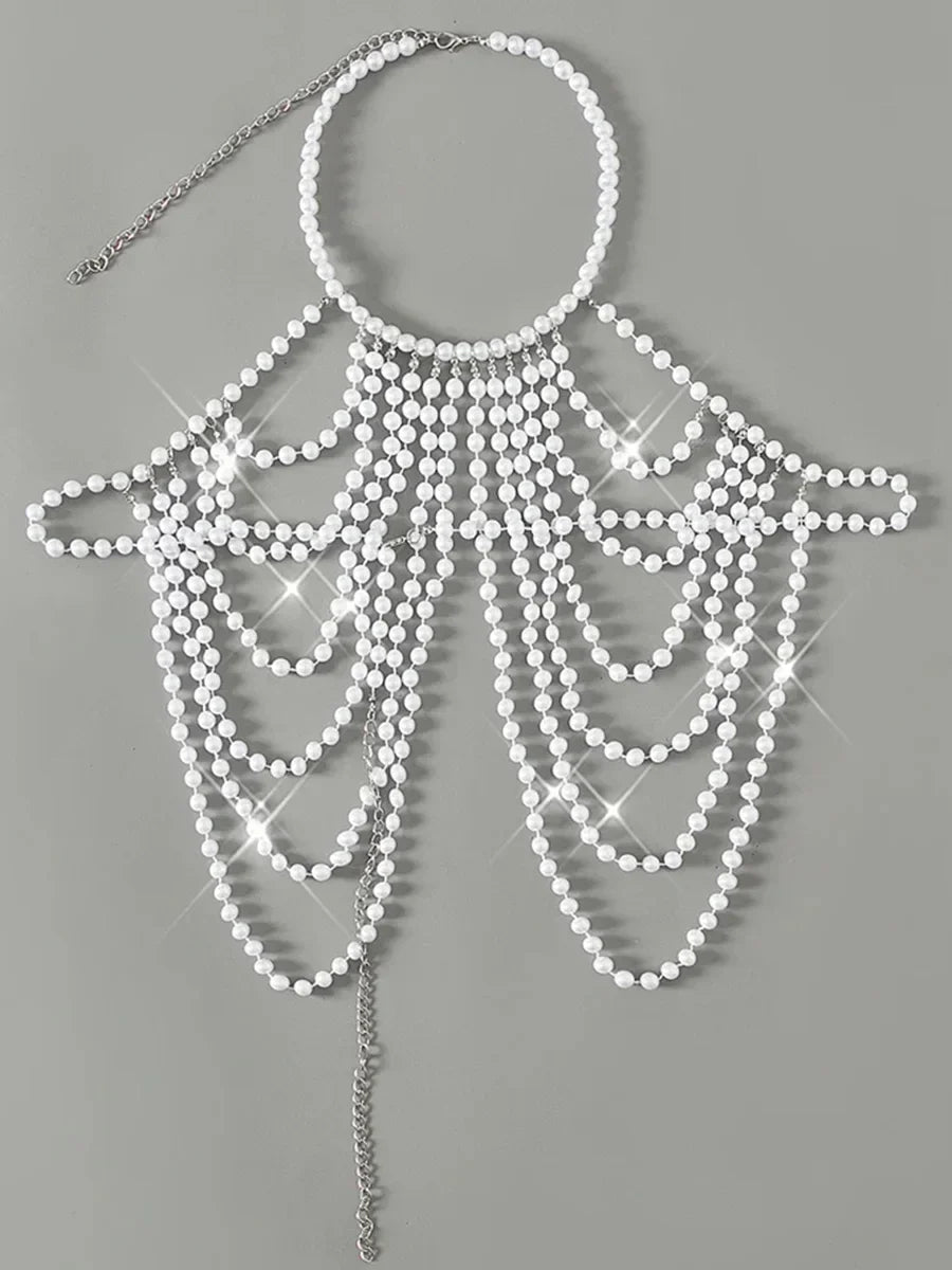 Luxury Pearls Chain Halter Hollow Out See Through Bikini
