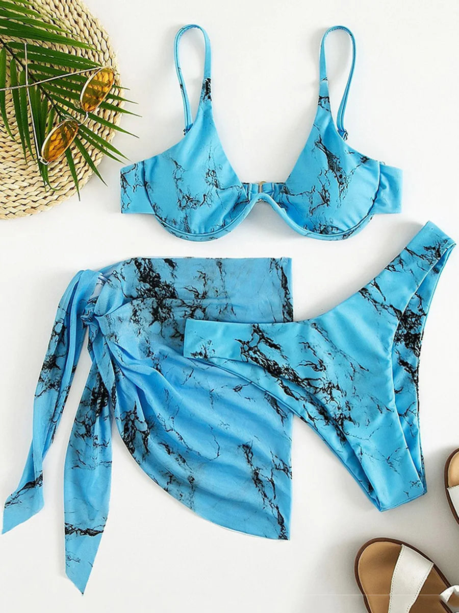 Marble Print V-Bar Underwired Bikini