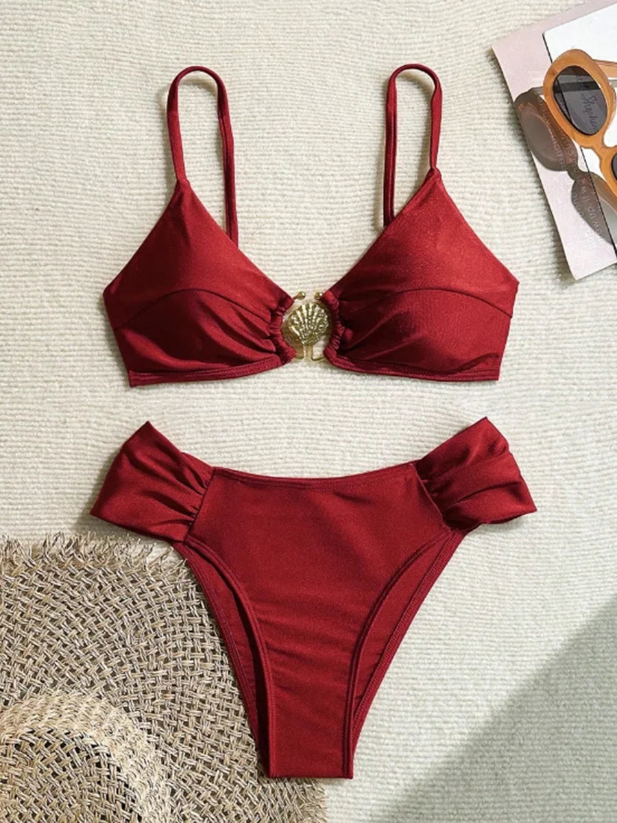 S - XL Metal Shell Halter Female Swimsuit