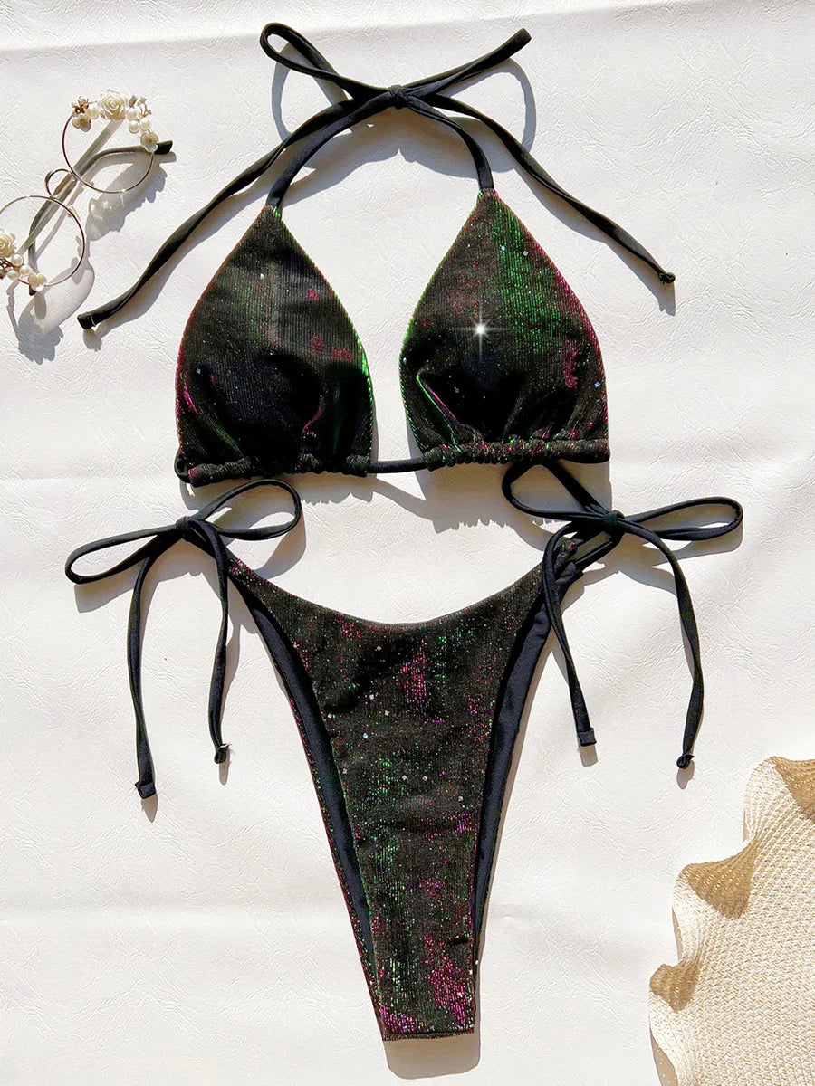 Sexy Shiny Gradient Purple Halter Strappy Bikini