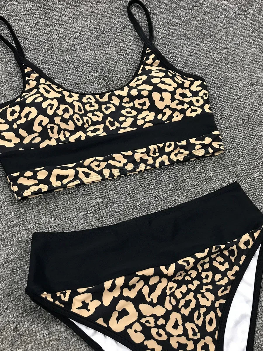 Splicing Leopard High Waist Bikini
