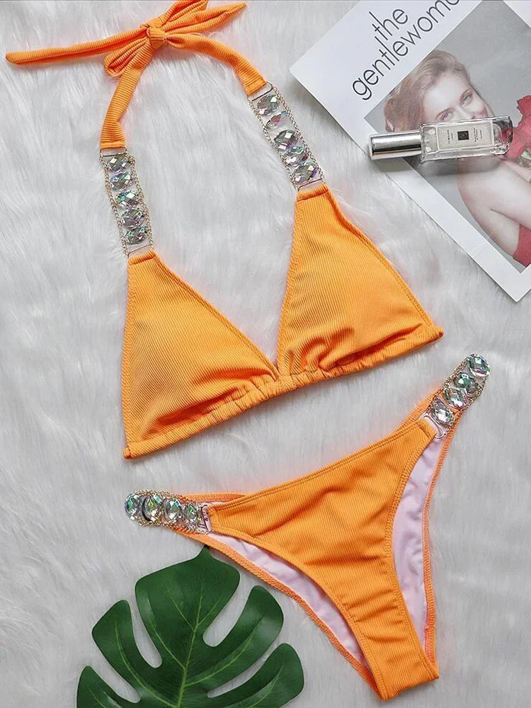 Sexy Metal Chains Halter Diamond Bikini