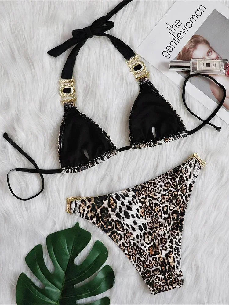 Sexy Leopard Halter Rhinestone Diamond Bikini