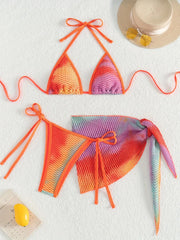3PCS Printed with Mesh Skirt Bikini