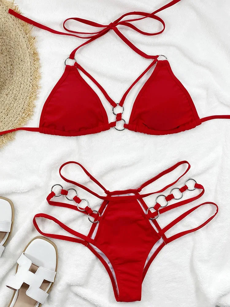 Sexy Halter Strappy Metal Rings Bikini