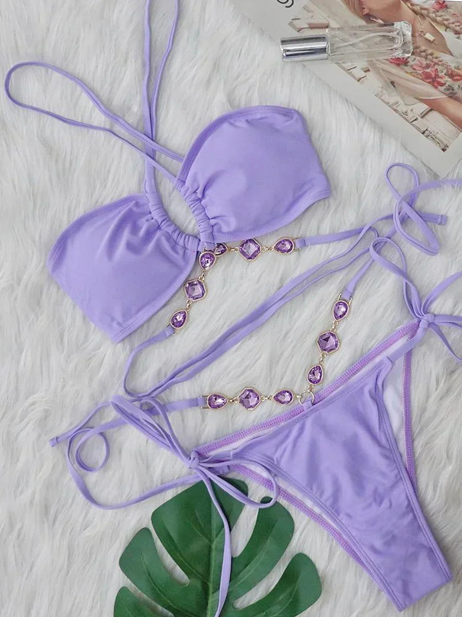 Wrap Around Halter Rhinestones Diamond Bikini