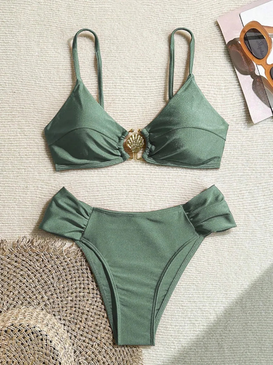 S - XL Metal Shell Halter Female Swimsuit
