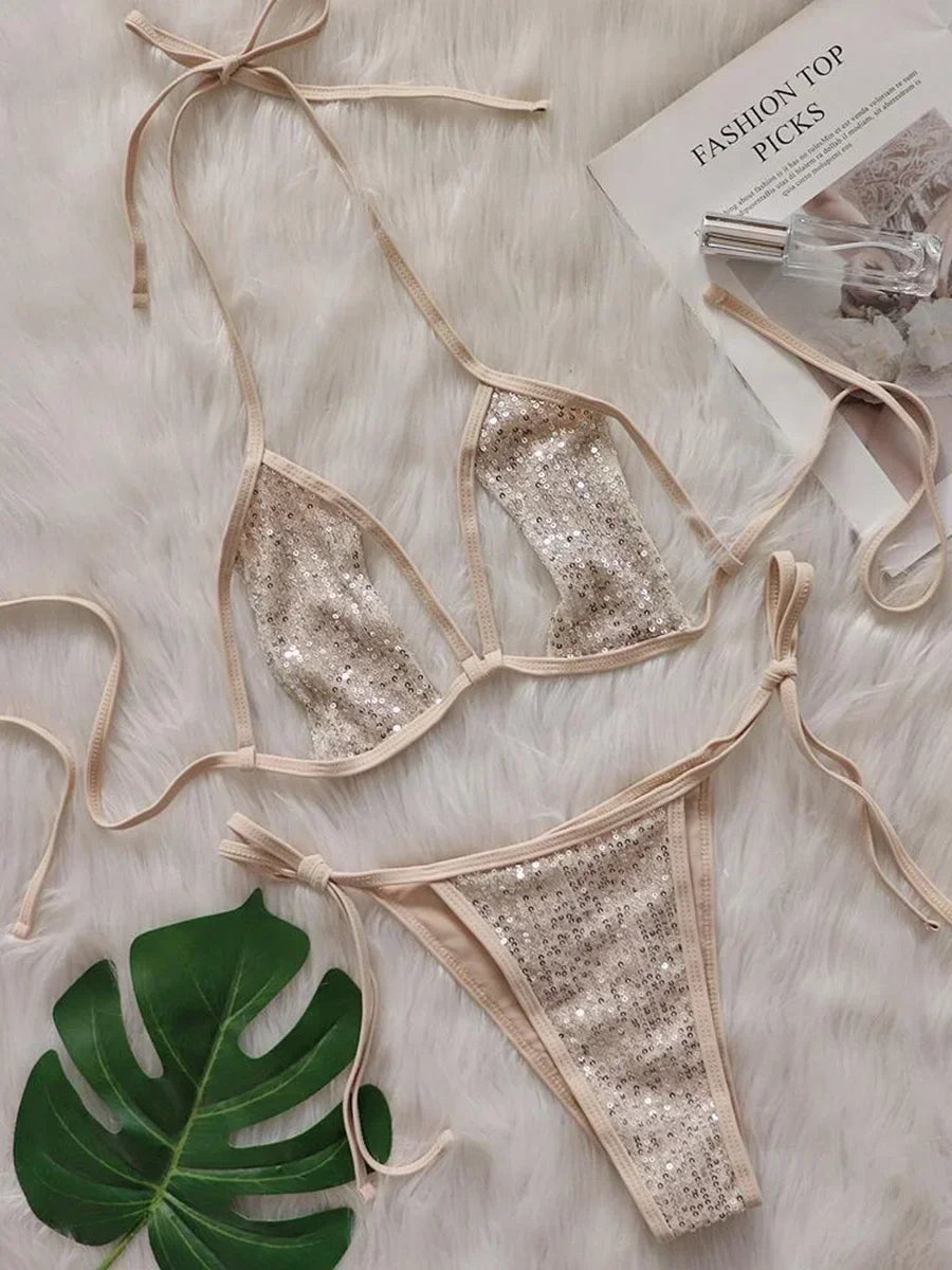 Shiny Sequins Halter Hollow Out Bikini
