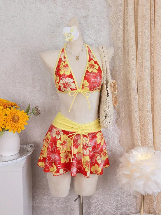 Vintage Pink Floral Print Contrast Bikini Set