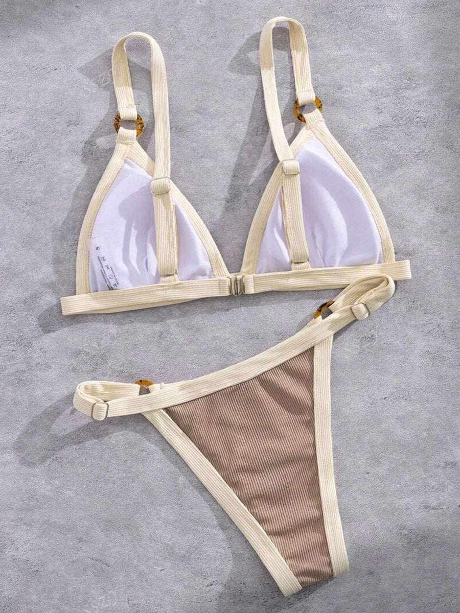 Splicing Ribbed High Cut Rings Bikini