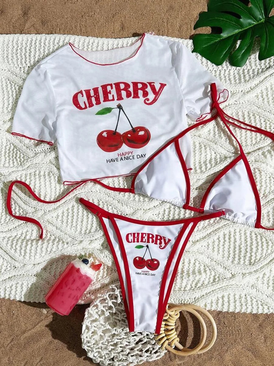 Cherry Print Mesh Short Sleeve Bikini