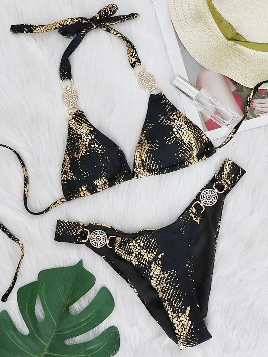 Snake Print Halter Diamond Bikini
