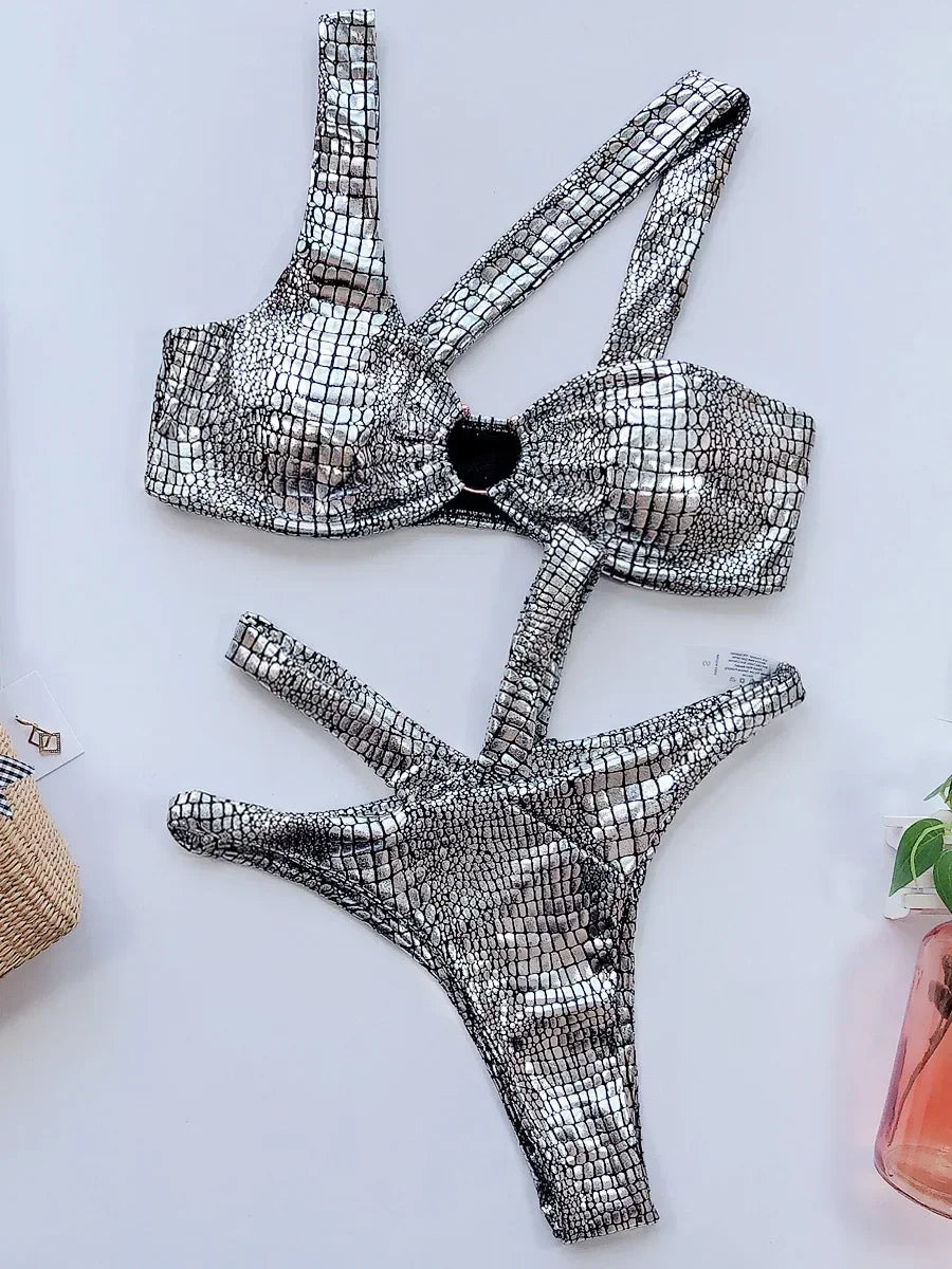 Asymmetric Shiny Snake Skin Thong Bikini