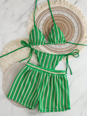 3PCS With Shorts Stripe Halter Fishnet Bikini