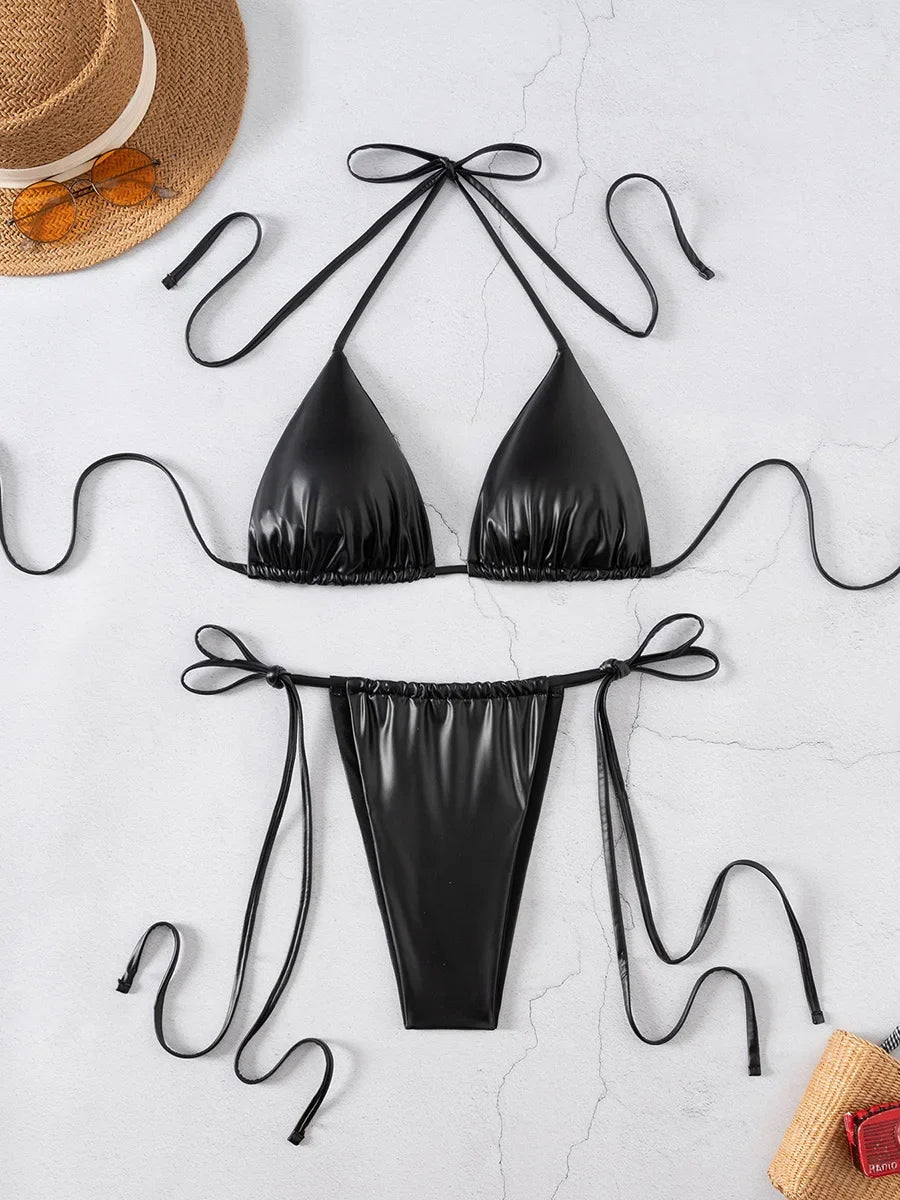 PU Faux Leather Mini Micro Thong Bikini
