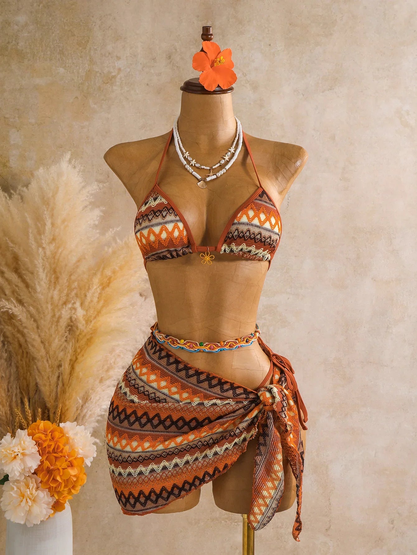 Vintage Red Striped Knitted Skirt 3 Piece Bikini Set
