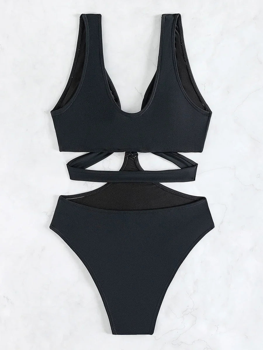 S - XL V Neck High Leg Cut One Piece Swimsuit