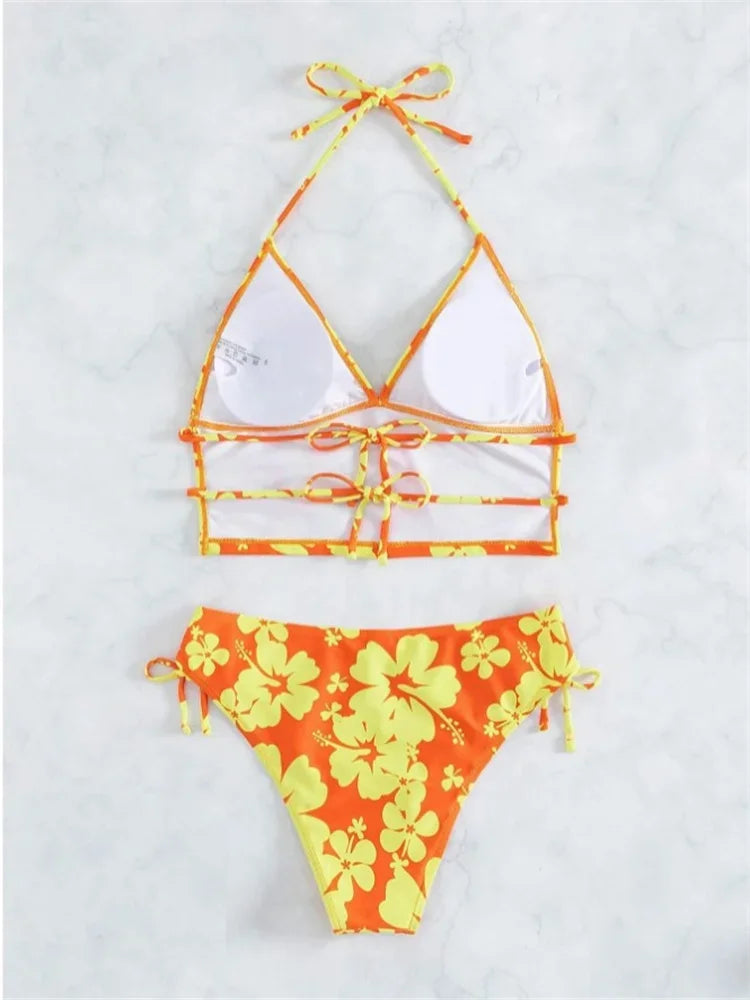 Sexy Yellow Floral Print Bikini
