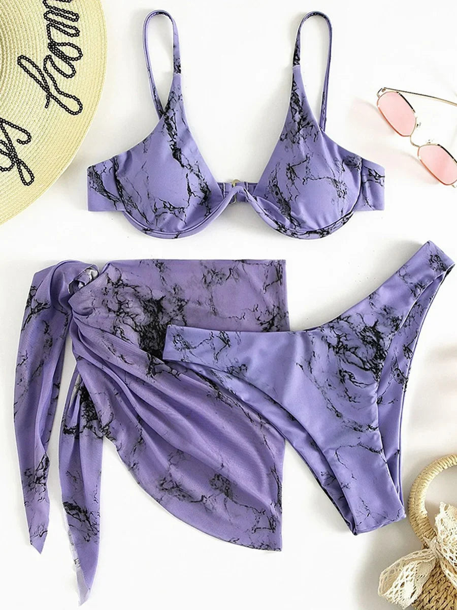 Marble Print V-Bar Underwired Bikini