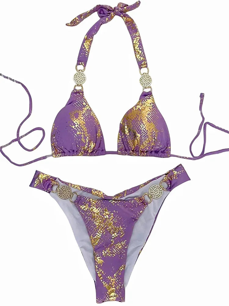 Snake Print Halter Diamond Bikini