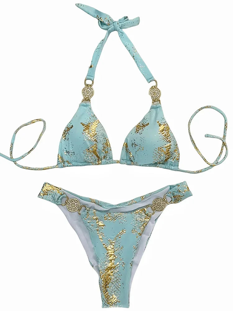 Snake Print Halter Diamond Bikini