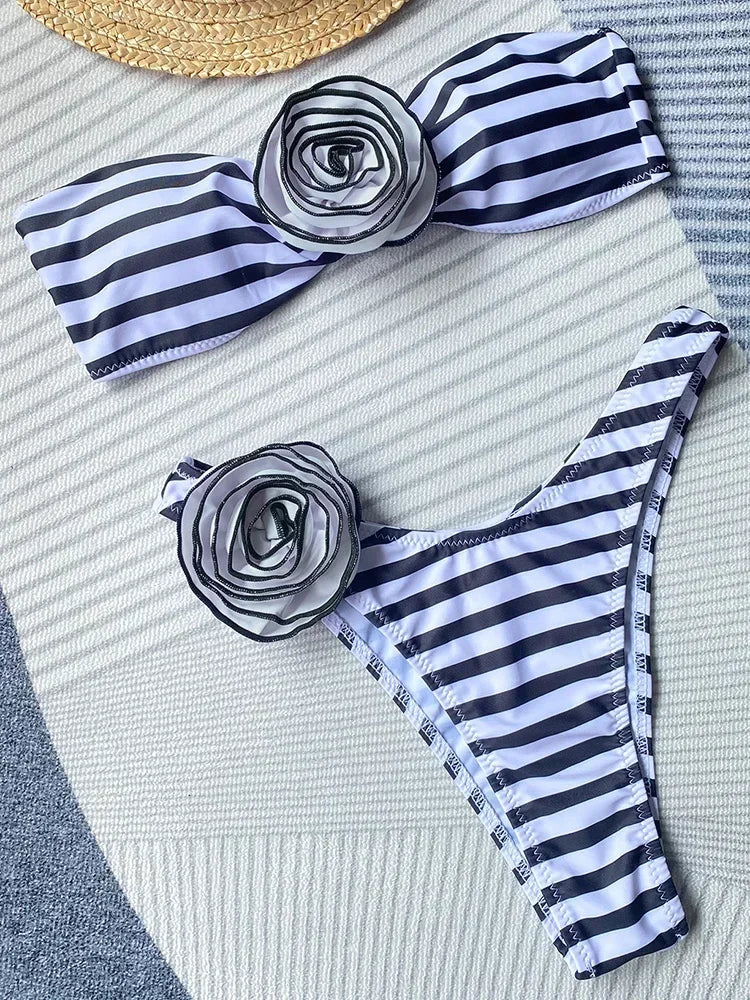 3D Flowers Striped Bikini