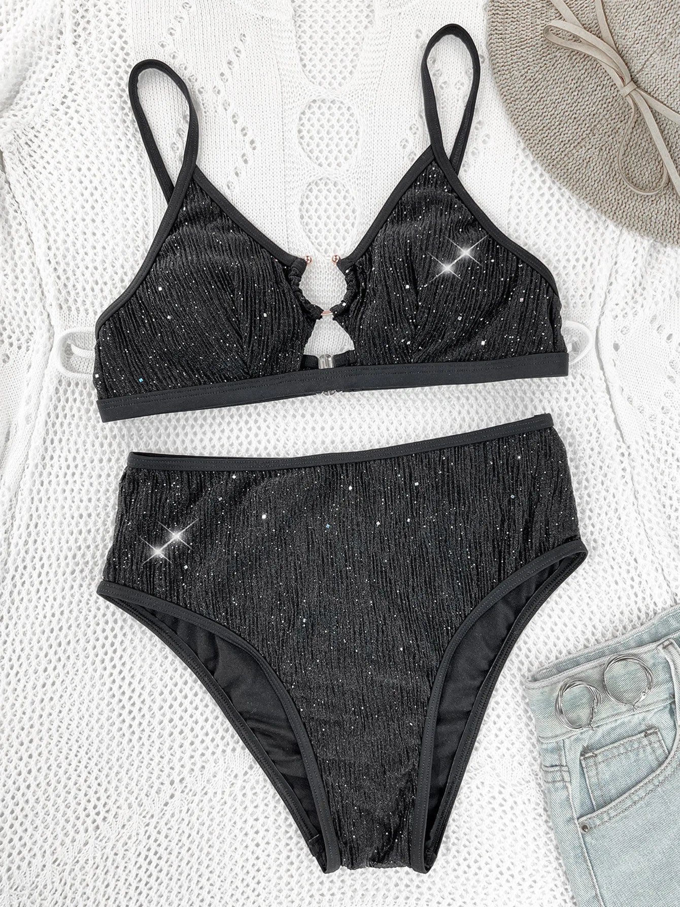 Shiny Sequin Black Bikini Set
