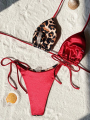 Halter Splicing Leopard Satin Bikini