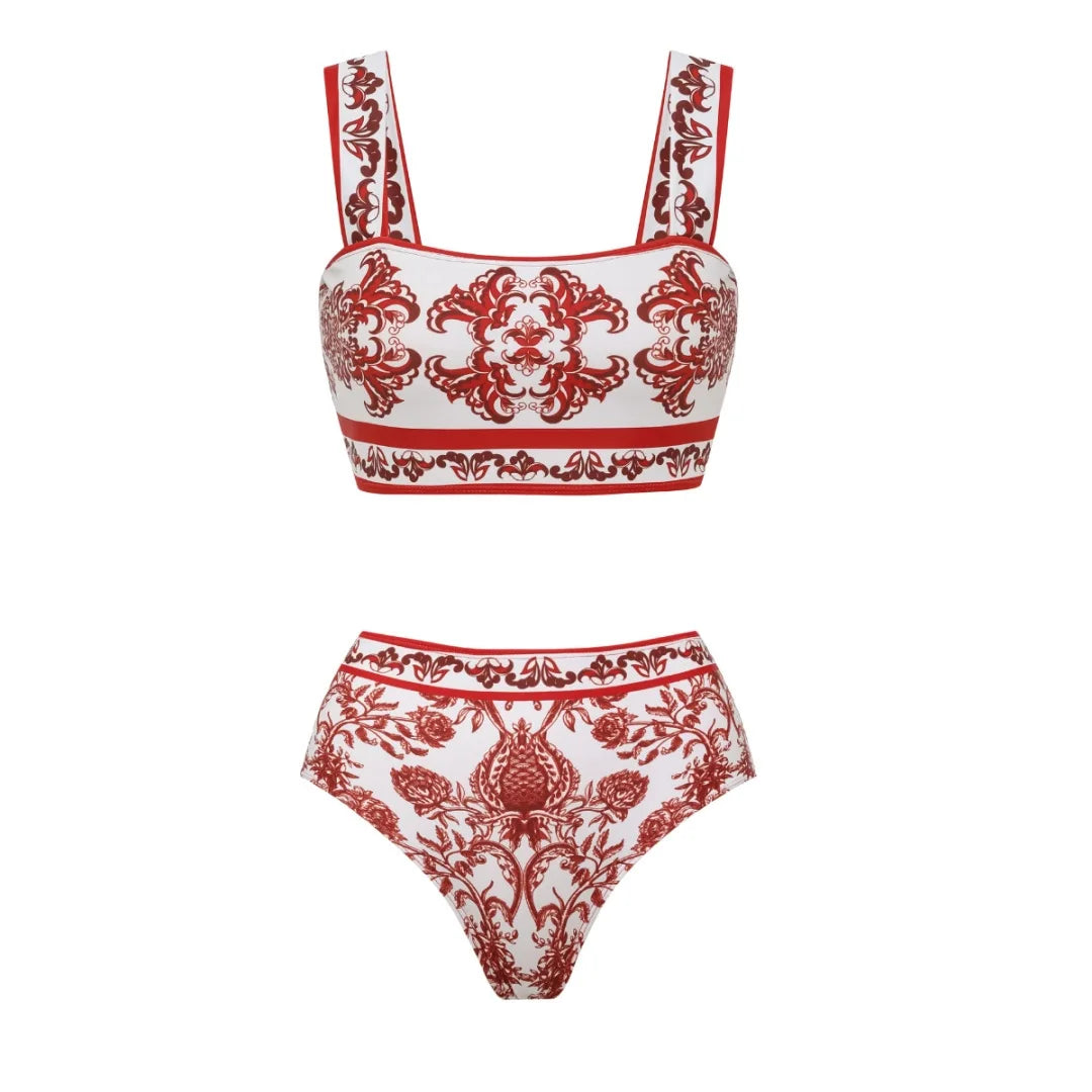 Red Ethnic Style Floral Print Bikini Set