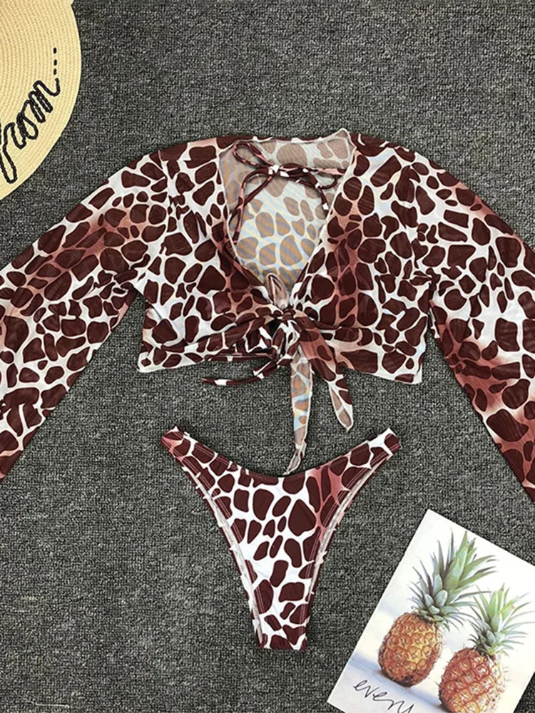 Marble Printed Mesh Long Sleeve Bikini