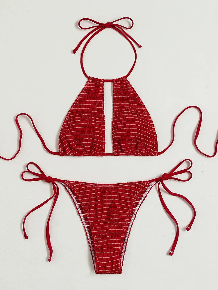 Halter Tie Side Hollow Out Smocked Bikini