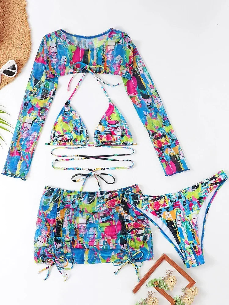 Long Sleeve Printed Halter Bikini