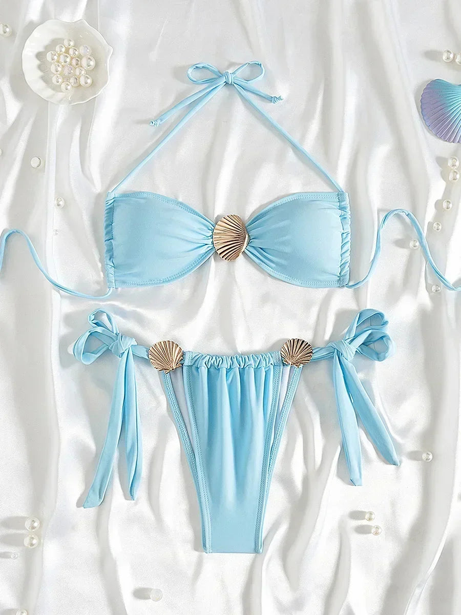 Metal Shell Halter Strappy High Cut Bikini