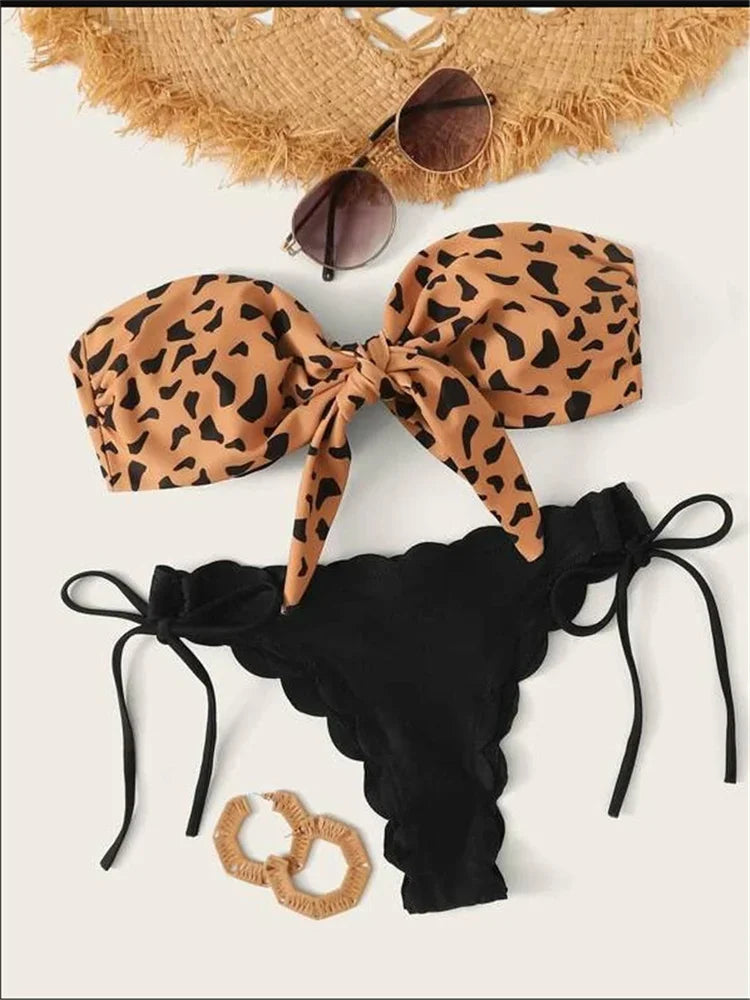 Front Lace Up Tie Bandeau Leopard Swimsuit
