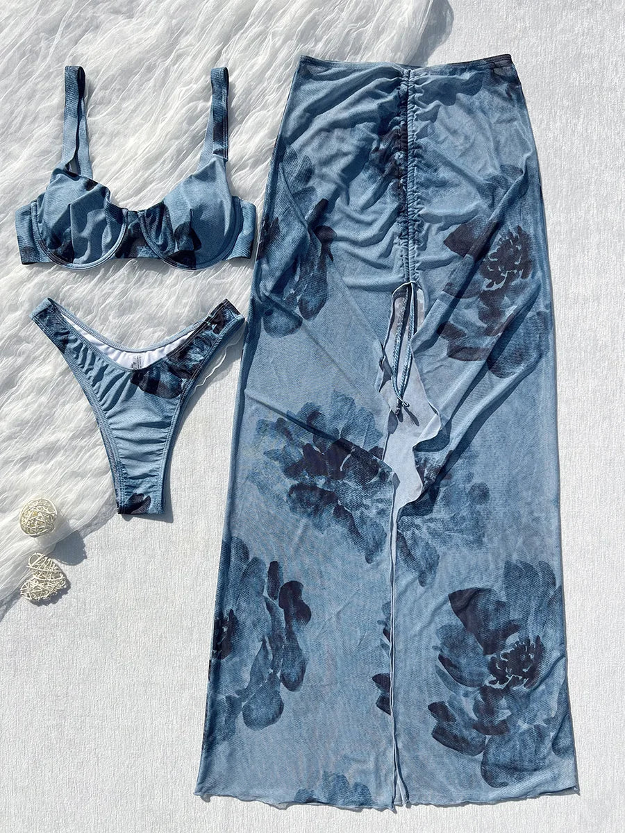 Print with Mesh Long Skirt Underwired Bikini