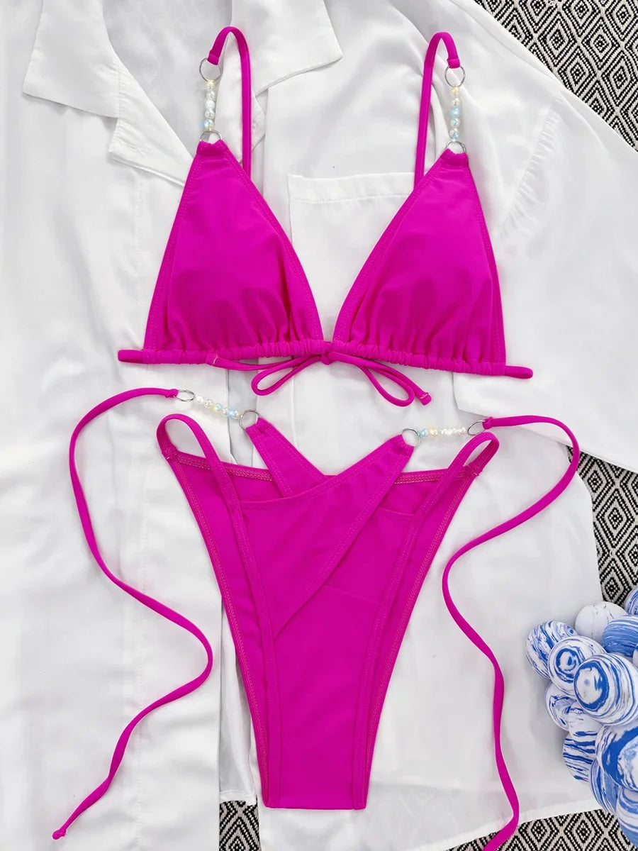 Sexy Halter Pearls High Cut Bikini