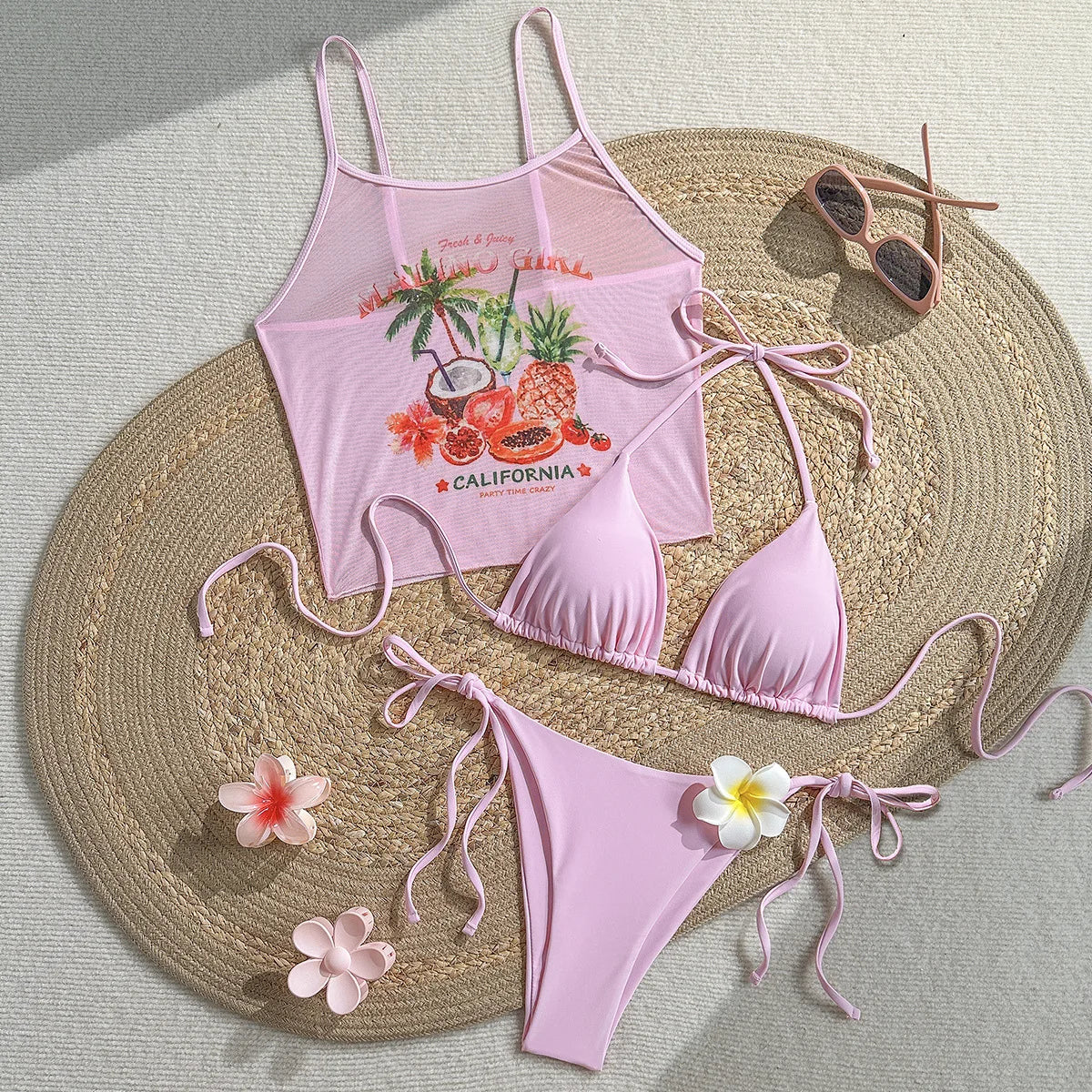 Sexy Yellow Fruit Print Cover Up Bikini Set