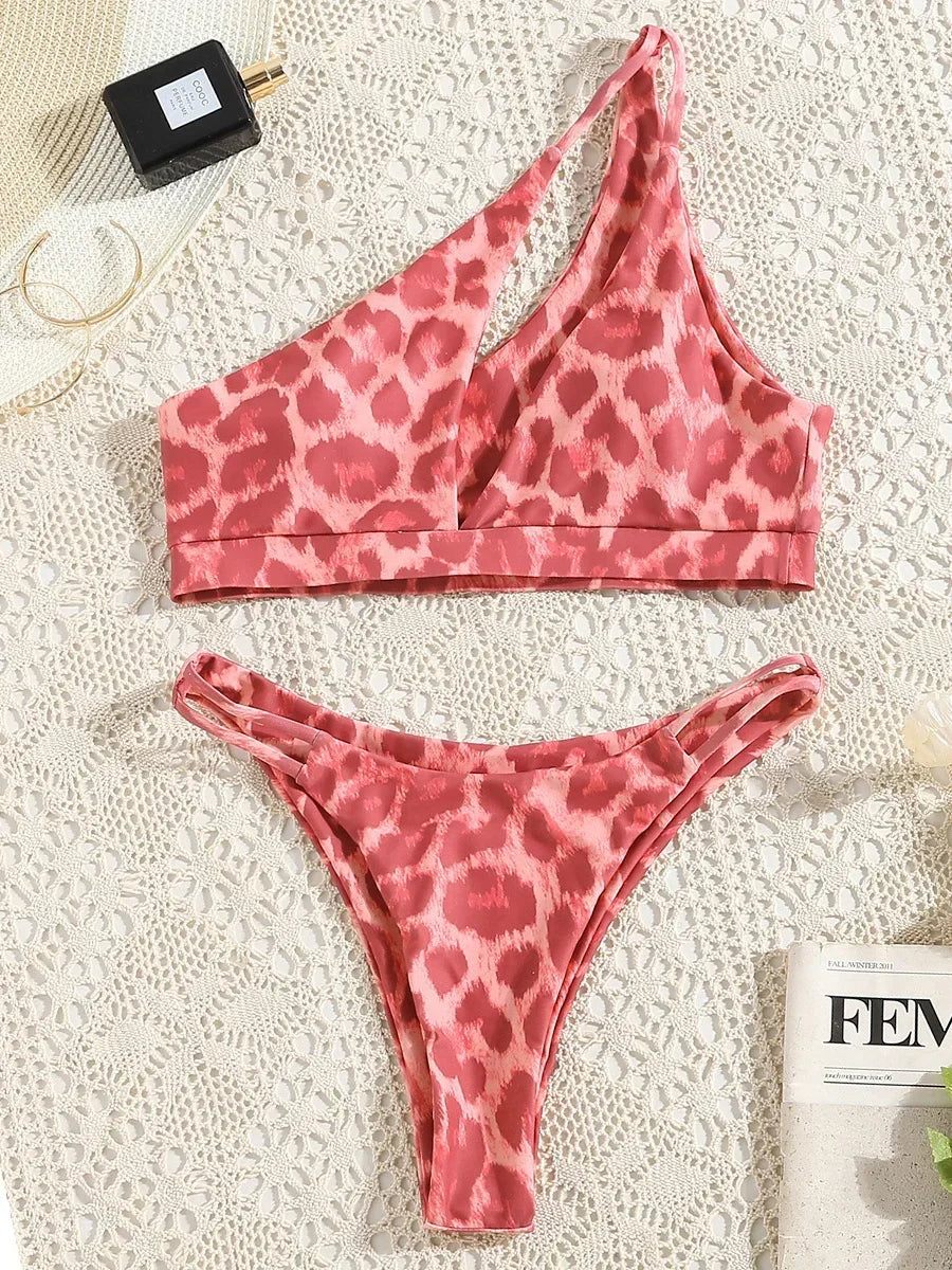 Asymmetric Leoaprd One shoulder Bikini