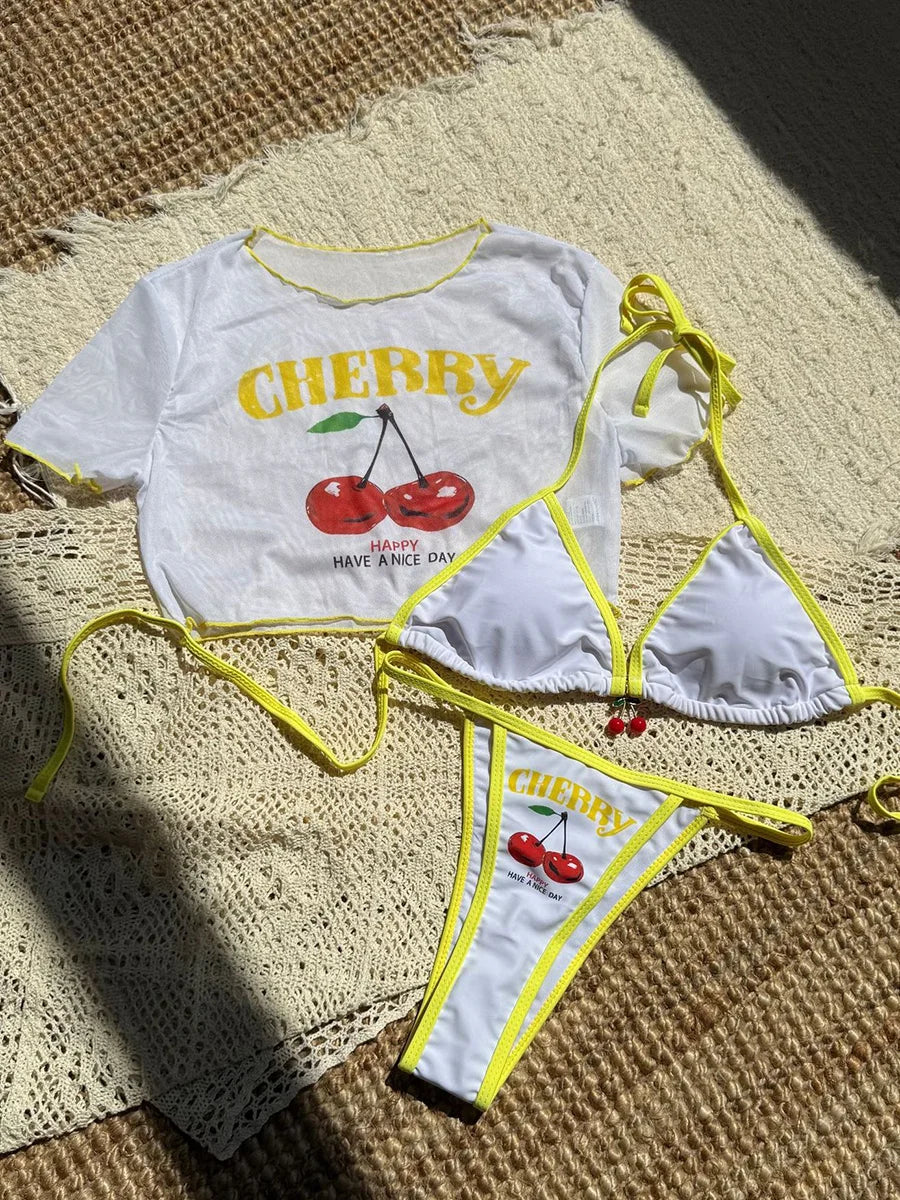 Cherry Print Mesh Short Sleeve Bikini