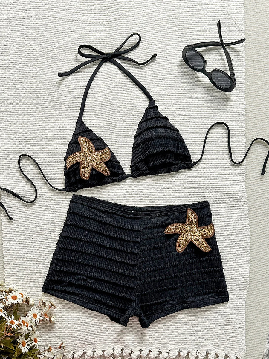 Sequins Starfish Halter Wrinkled High Waist Bikini