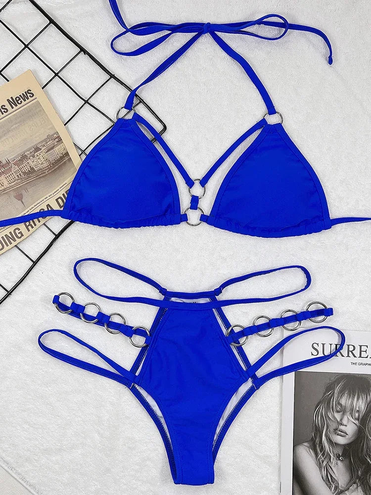 Sexy Halter Strappy Metal Rings Bikini
