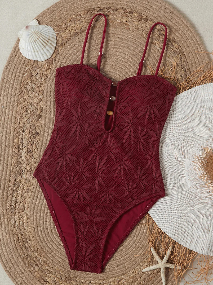Leaves Printed Mesh Hollow Out Women Swimwear One Piece Swimsuit