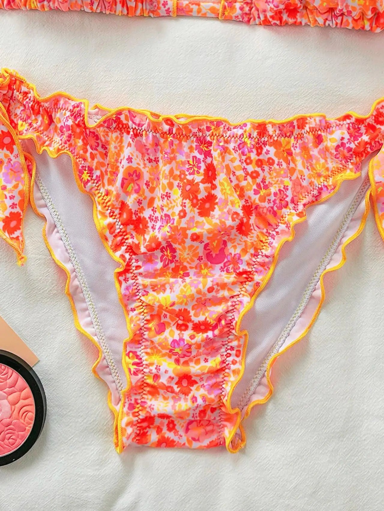 Cute Orange Floral Print Bikini Set