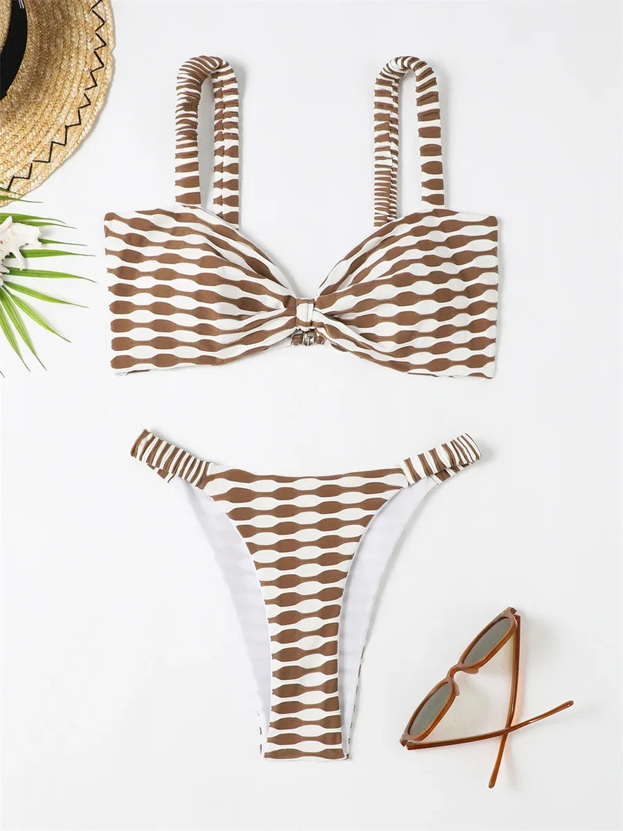 Sexy Khaki Plaid Print Bikini