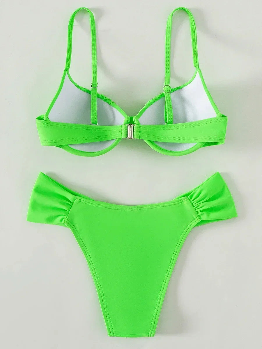 Neon Green Wrinkled Underwired Bra Cup Bikini
