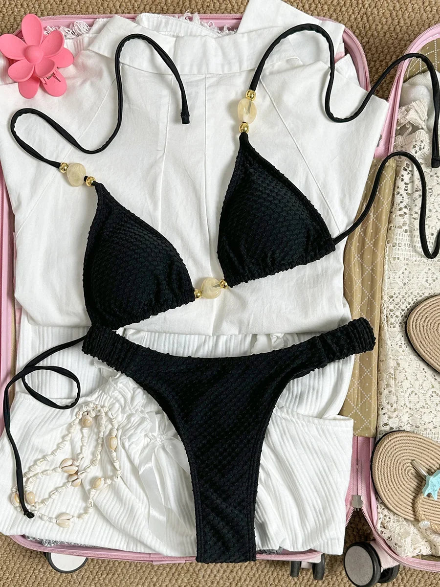 Wrinkled Crinkled Halter Beads Bikini