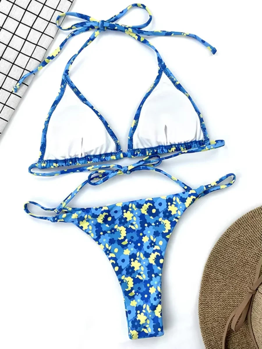 Floral Print Halter Mini Micro String Bikini