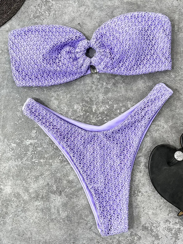 Wrinkled Fishnet Strapless Bandeau Bikini