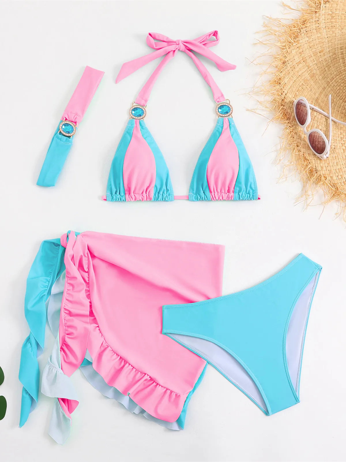 Green Contrast Diamond Push Up Ruffles Skirt 4 Piece Swimsuit