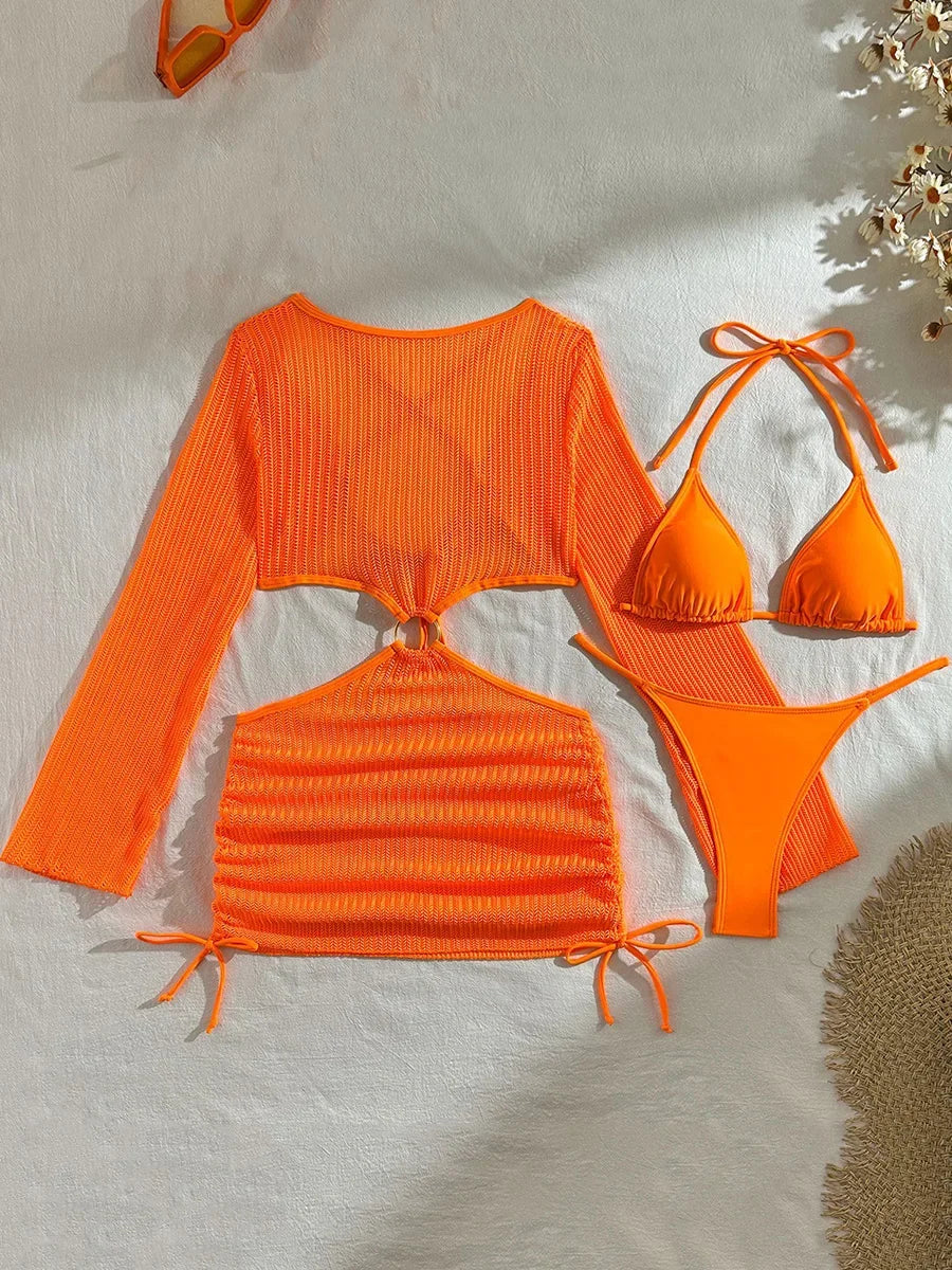 Mesh Sheer Long Sleeve Cover-Up Micro Bikini